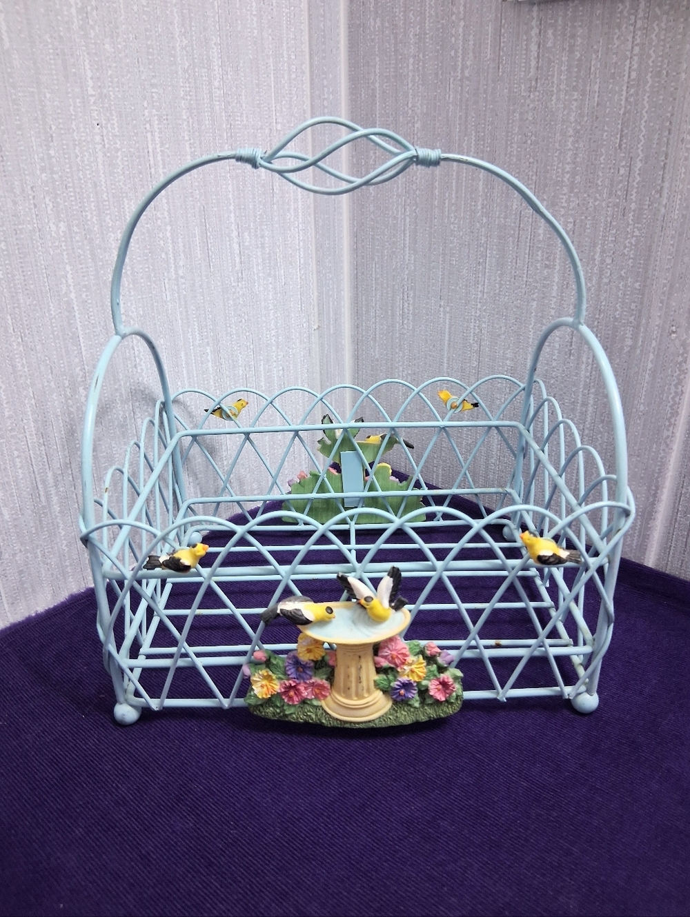 Vintage Whimsical Birdbath Basket With Bird Decorations Light Blue Metal - Picture 12 of 12